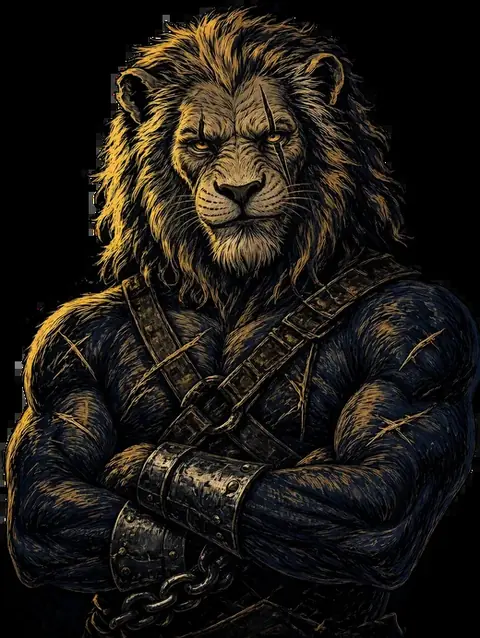 Kael, a scarred Lionkin war-trainer