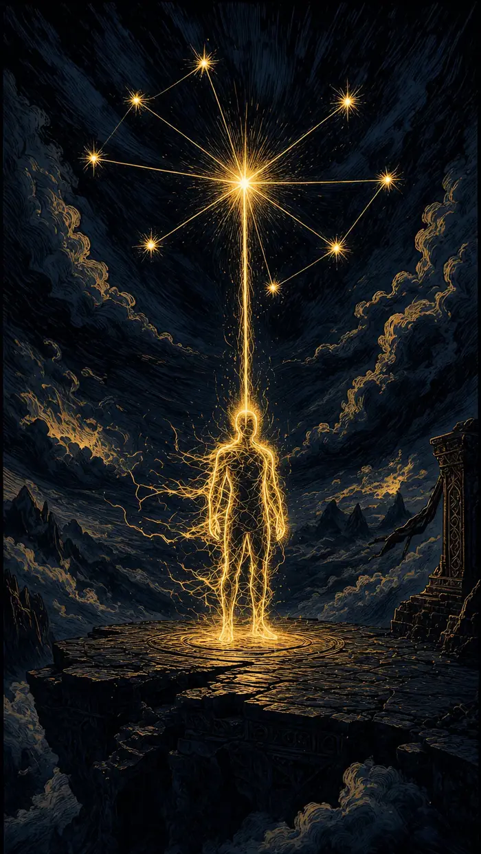A hero standing beneath a golden constellation