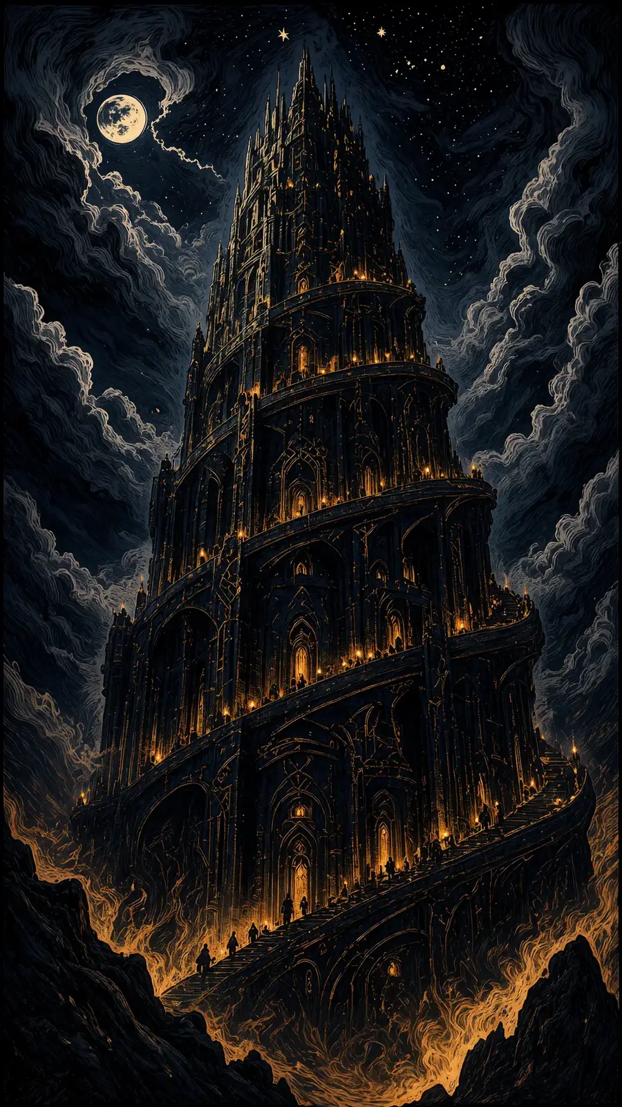 The Spire, a vast tower of gold-lit stone rising through storm clouds