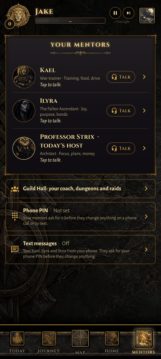 The Mentors tab in the Ascension app, with the Text messages row showing Off