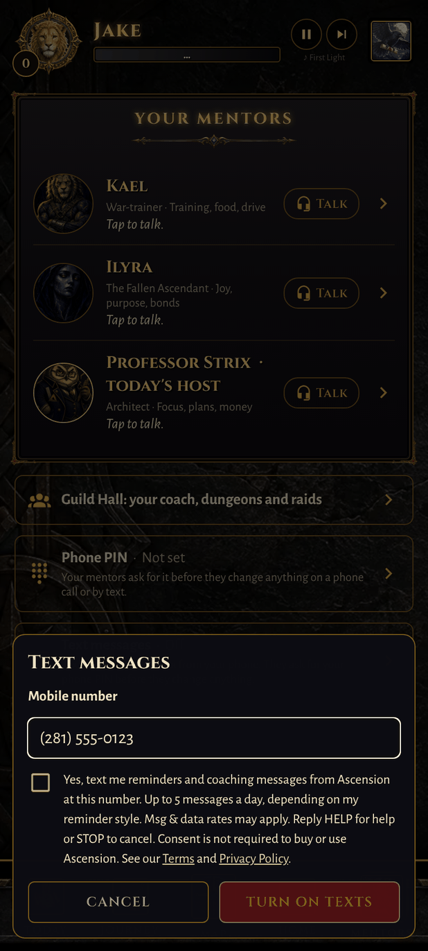 The Text messages opt-in screen in the Ascension app: a mobile number field, the consent statement beside an unticked box, and the Turn on texts button